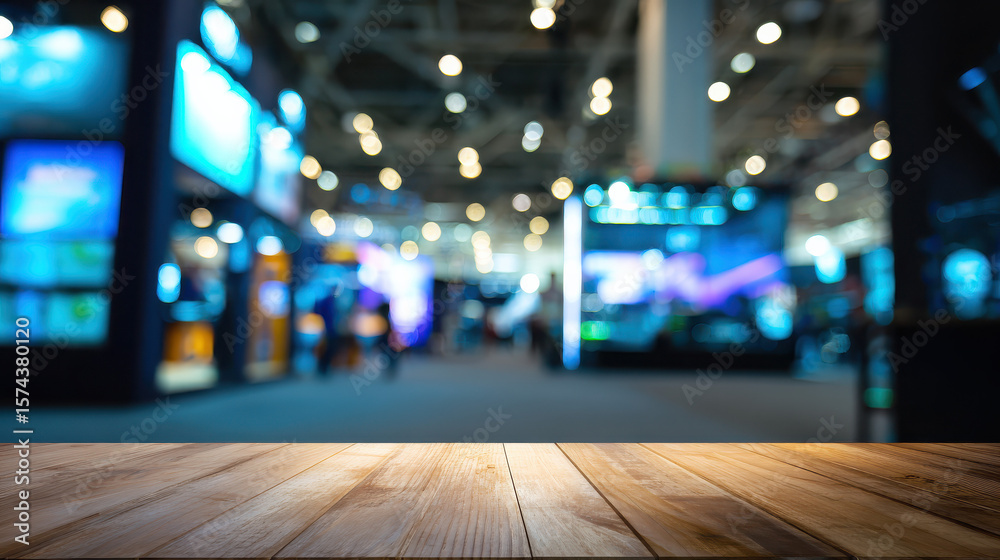 Wooden Table with Blurred Technology Event Background with Screens and Exhibition Halls
Wooden Table with Blurred Technology Event Background with Screens and Exhibition Halls