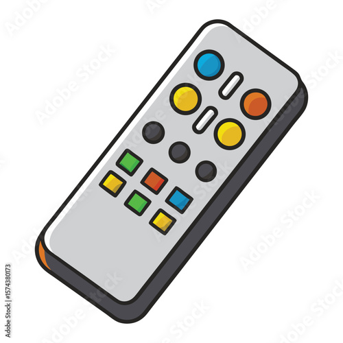 Cartoon illustration of a modern television remote control with colorful buttons