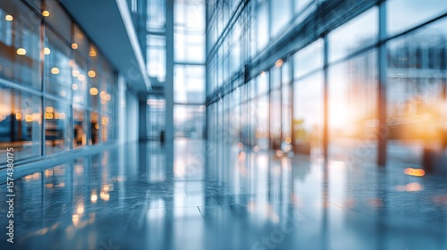 Wallpaper Mural Sleek modern office interior hallway with glass walls reflecting warm light and a polished floor creating a bright space. Torontodigital.ca