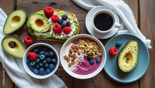 colorful balanced breakfast spread on wooden table – top-down view