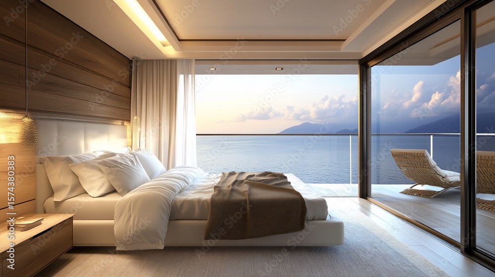 Fototapeta premium Luxurious bedroom retreat with panoramic ocean view for relaxation