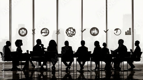 Silhouette of Businesspeople in Boardroom with Large Windows and Icons Above Representing Sustainability Logistics Teamwork and Strategy
