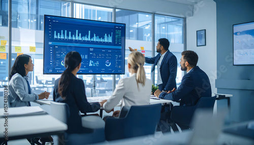 Business team meeting with data analysis.