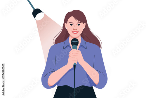 Confident woman holding microphone under spotlight speaking or singing on stage