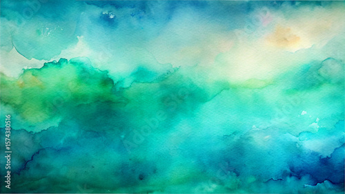 Abstract watercolor background with flowing shades of blue green and yellow