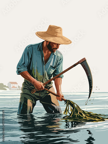 Farmer wearing a straw hat harvests seaweed with a scythe in shallow water