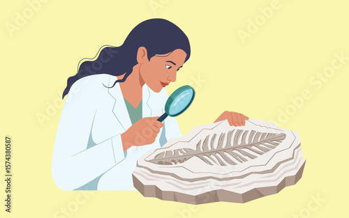 Paleontologist examining a fossilized fish skeleton with a magnifying glass