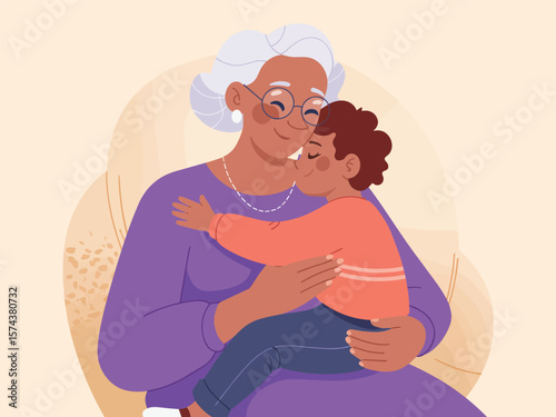 Loving grandmother with glasses embraces and kisses her happy young grandson in a warm hug