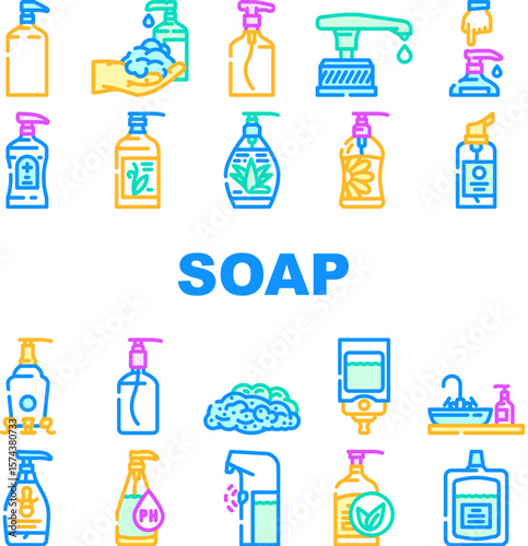 liquid soap cleanser hygiene icons set vector