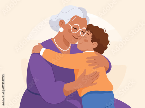 Loving grandmother and grandson sharing a warm hug with closed eyes and smiles