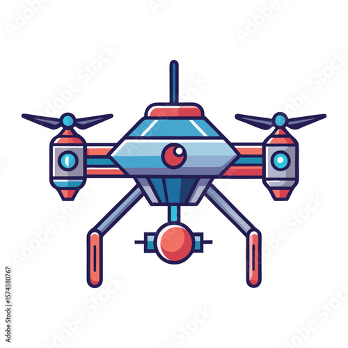 Modern futuristic quadcopter drone with camera and propellers in flat design style