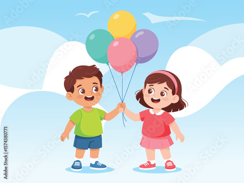 Happy young boy and girl holding a bunch of colorful balloons against a bright sky