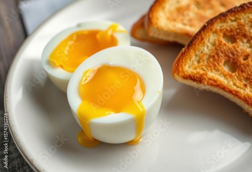 Perfectly runny yolk soft boiled egg beside crisp golden toast soldiers,  breakfast,  delicious