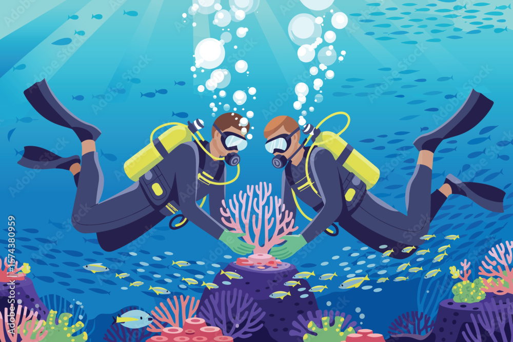 Two divers carefully examine a vibrant coral reef teeming with small fish