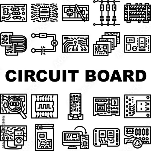 circuit board pcb microcontroller icons set vector