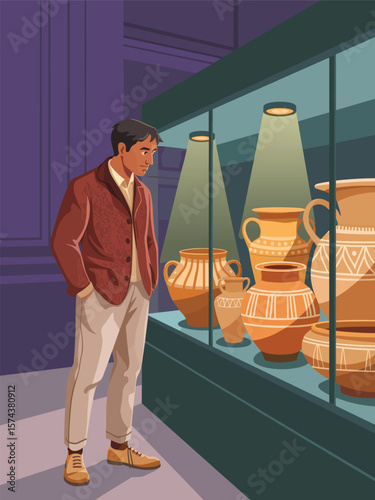 Man admires ancient pottery displayed in a museum exhibit under spotlights