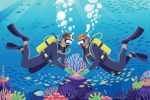 Two divers carefully examine a vibrant coral reef teeming with small fish