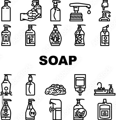 liquid soap cleanser hygiene icons set vector