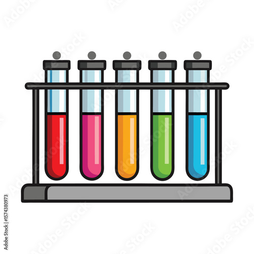 Five colorful liquids in test tubes held in a laboratory rack