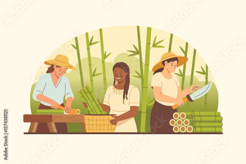 Diverse women farmers harvesting and processing sugarcane in a lush green bamboo forest setting