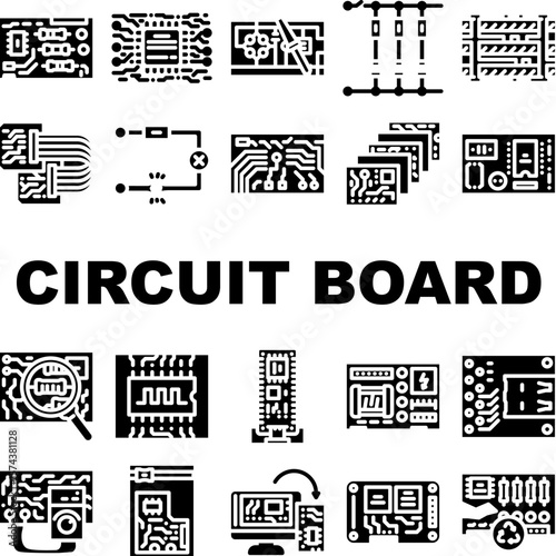 circuit board pcb microcontroller icons set vector