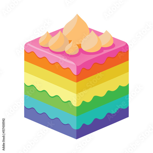 Colorful rainbow layer cake with pink frosting and cream swirls