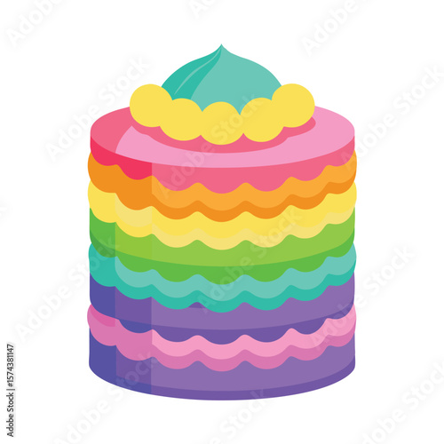 Vibrant rainbow layer cake with swirl frosting and decorative edges