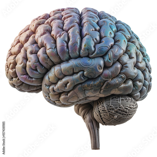 Intricate metallic human brain with detailed textures isolated on transparent background