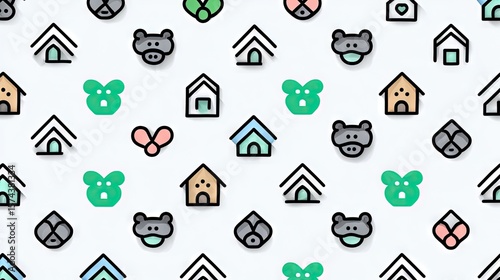 Seamless Vector Pattern of Cute Minimalist Icons Including Animal Faces Houses and Pet Symbols in Pastel Colors on Light Background Design