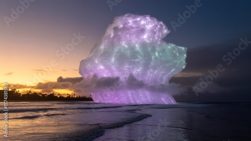 Wallpaper Mural A large illuminated cloud structure on a beach at sunset with colorful lights and ocean waves view Torontodigital.ca