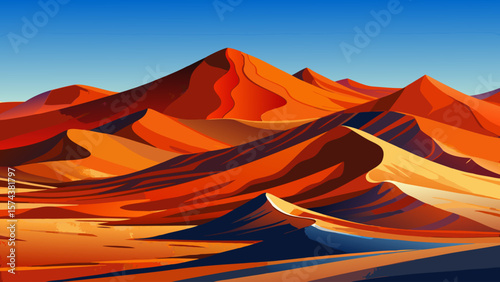 Namib Desert, Namibia – Rust‑red dunes curve gracefully under pale blue sky. Shadows highlight elegant lines, evoking isolation and elemental desert grandeur.