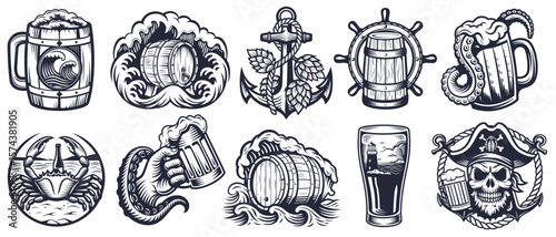 Monochrome vector illustrations set featuring nautical beer emblems with wooden barrels. Mugs. Pirate skulls. Sea creatures. And hop branches intertwined with anchors