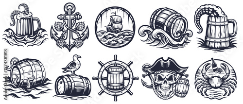 Ten vintage monochrome nautical beer emblems set feature barrels, mugs, pirate skull, sea creatures, anchor, and sailing ship, creating a captivating collection of brewery and bar themed designs