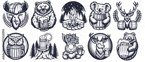 Ten vintage monochrome illustrations set featuring wild animals drinking beer from mugs and embracing barrels, set against forest and campfire backdrops with decorative wheat elements