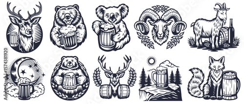 Vintage monochrome brewery emblems set featuring animals holding or standing near beer mugs, barrels, and bottles, creating a unique collection for beer enthusiasts