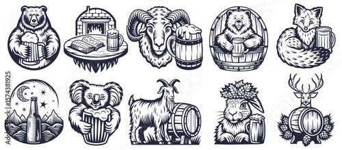 Ten vintage monochrome illustrations set featuring animals like bears, rams, and foxes, combined with brewery elements like beer mugs and barrels, create charming emblems for branding