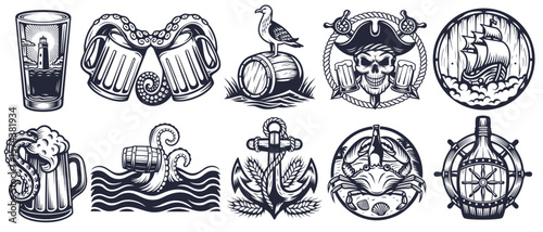 Vintage monochrome nautical emblems set featuring a pirate skull in a cocked hat, crossed anchors with beer mugs, an octopus with beer glasses, and various sea elements