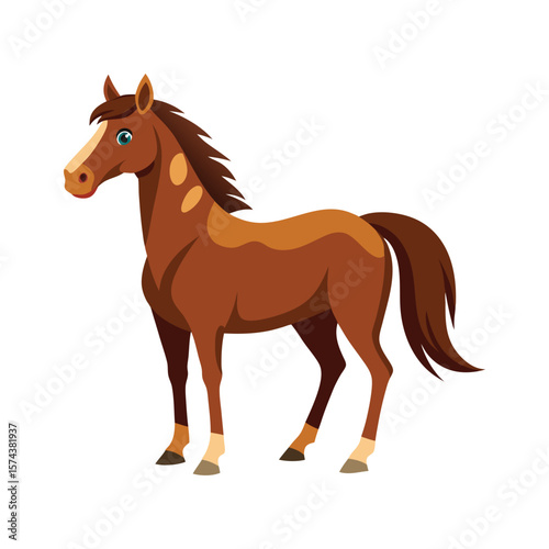 Cartoon brown horse standing proudly with a flowing mane and tail