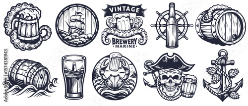 Monochrome vintage brewery emblems set featuring nautical elements like beer mugs held by an octopus and crab, wooden barrels, and a pirate skull with an anchor
