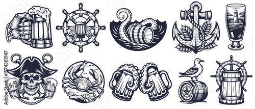 Monochrome vintage nautical emblems set featuring beer related elements like octopus, helm, anchor, skull, crab, seagull, and beer mugs, creating a unique collection