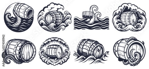Monochrome vector illustration featuring a wooden barrel set entwined by octopus tentacles, evoking a nautical and brewing theme, ideal for businesses related to beer, seafaring, or marine life
