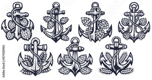 Nautical anchor set wrapped with hop cones and leaves, bold black outline, symmetrical layout, combining brewing elements with maritime symbols in monochrome vector style for label or emblem use