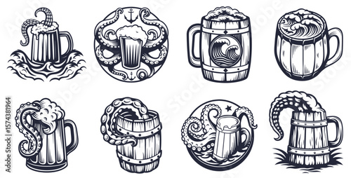 Beer mug set with octopus tentacle, foam overflowing from top, monochrome symmetrical layout, vintage vector style suitable for brewery identity or nautical themed label design