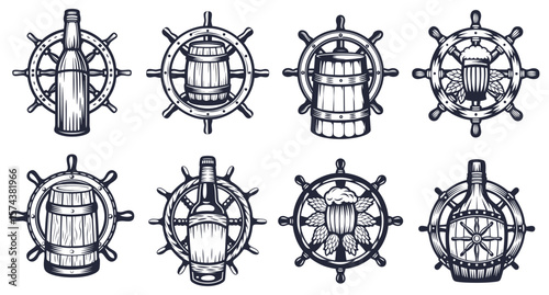 Vintage monochrome illustration set presents wooden beer mug and bottle growler featuring prominent helm design, capturing essence of seafaring and brewing heritage