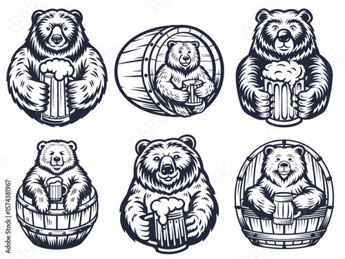Monochrome vector illustration set of a friendly brown bear embracing a frothy overflowing wooden beer mug and barrel, conveying a jovial atmosphere of celebration and enjoyment