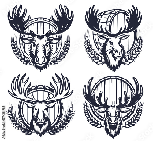 Monochrome vector graphic depicting moose head with expansive antlers, positioned near wooden beer barrel, complemented by wheat stalks, representing craft brewery branding concept