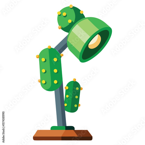 Whimsical green cactus desk lamp with a bright light illuminating a creative workspace