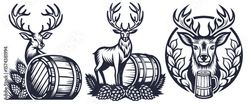 Vintage style monochrome vector set featuring muscular deer silhouette standing near wooden beer barrel, beer mug decorated with hop branches, representing classic brewery design