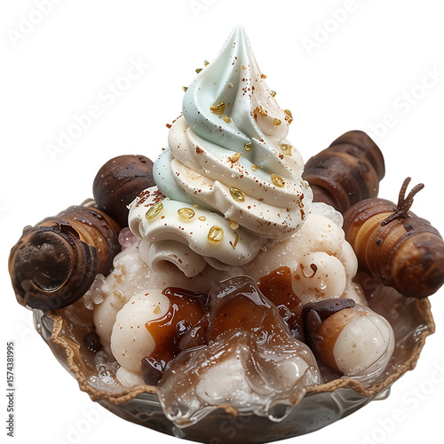 Gourmet ice cream dessert with chocolate and caramel toppings isolated on transparent background