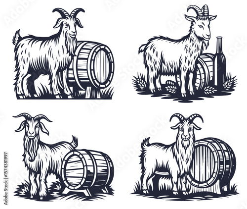 Monochrome vector graphic set of depicting goat standing beside wooden beer barrel, highlighting artisanal brewing process on rustic farm setting